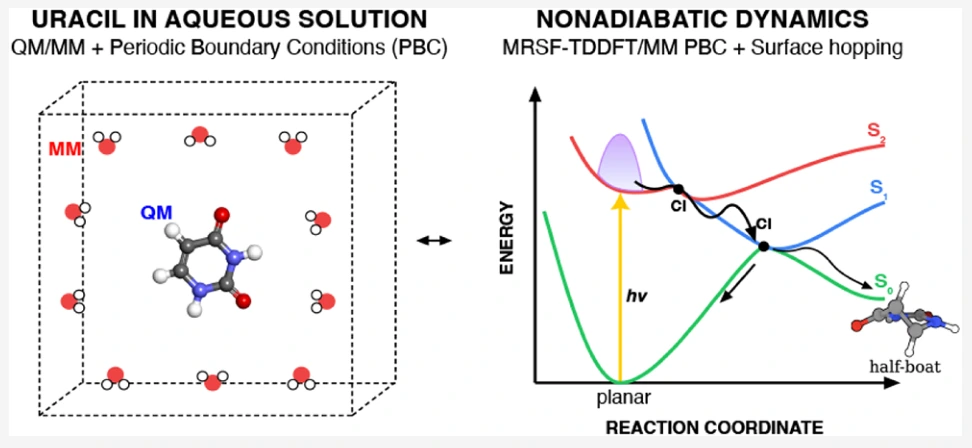 Graphical abstract for Nonadiabatic Dynamics of Uracil in Aqueous Solution from QM/MM in Periodic Boundary Conditions Combined with Mixed-Reference Spin-Flip TDDFT